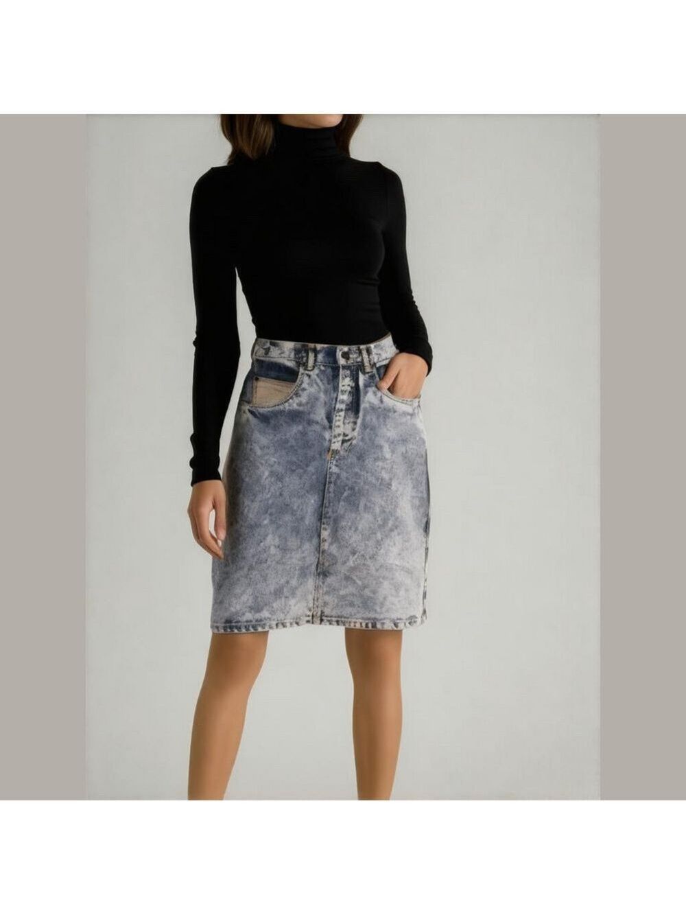 Vintage Stonewashed Denim Skirt Faux Leather Paris Jean Skirt acid wash 80s